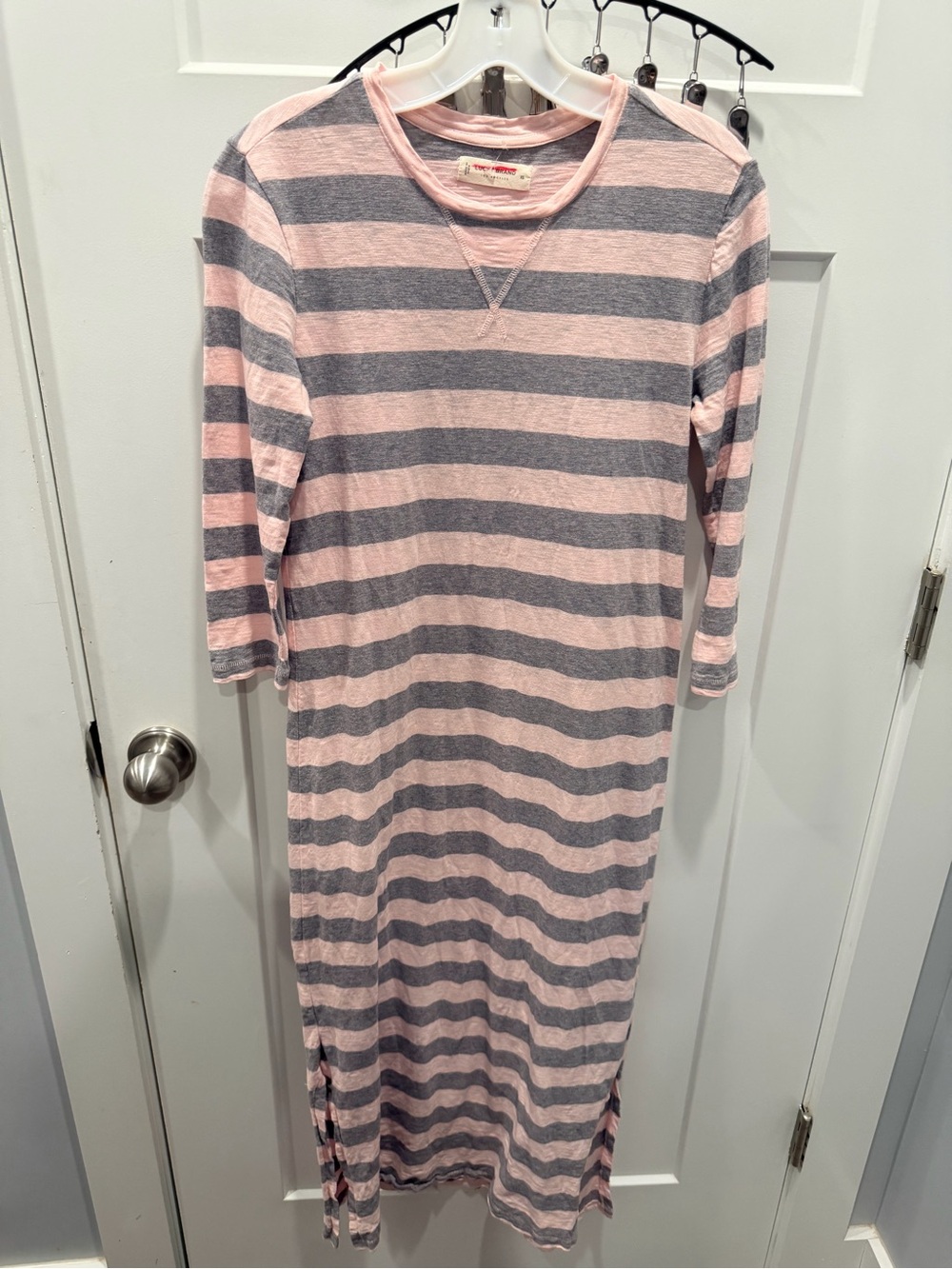 Lucky Brand Pink Gray Striped Cotton Long Sleeve Maxi Dress XS